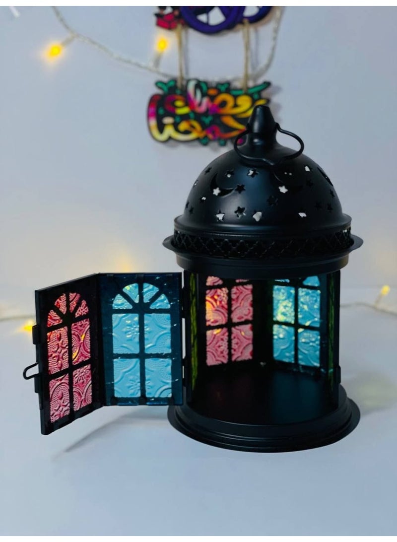 Metal Ramadan lantern, round metal lantern with a candle holder, black lantern with colored glass - Image 1